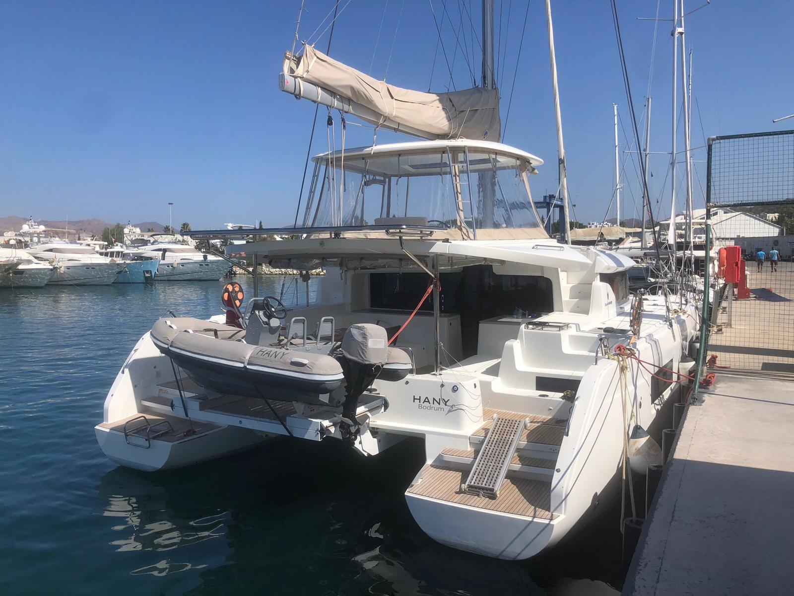 Lagoon 46 catamaran exterior view at marina