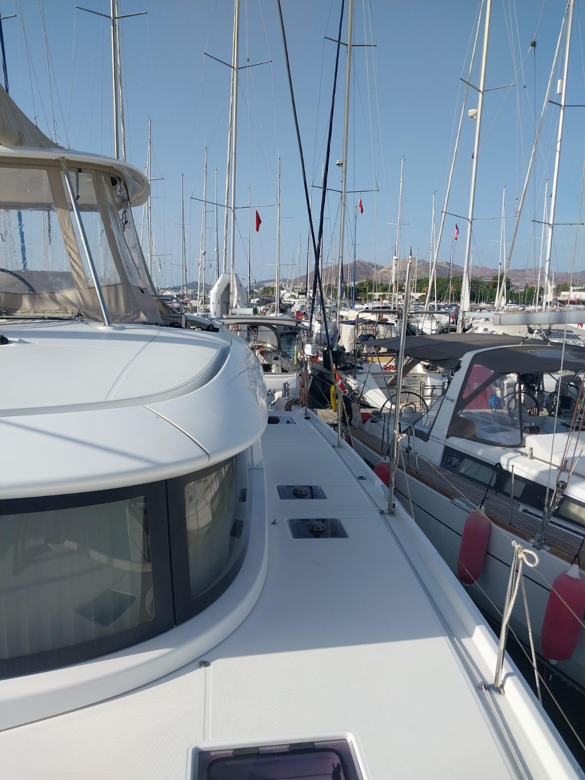 Lagoon 46 catamaran exterior view at marina