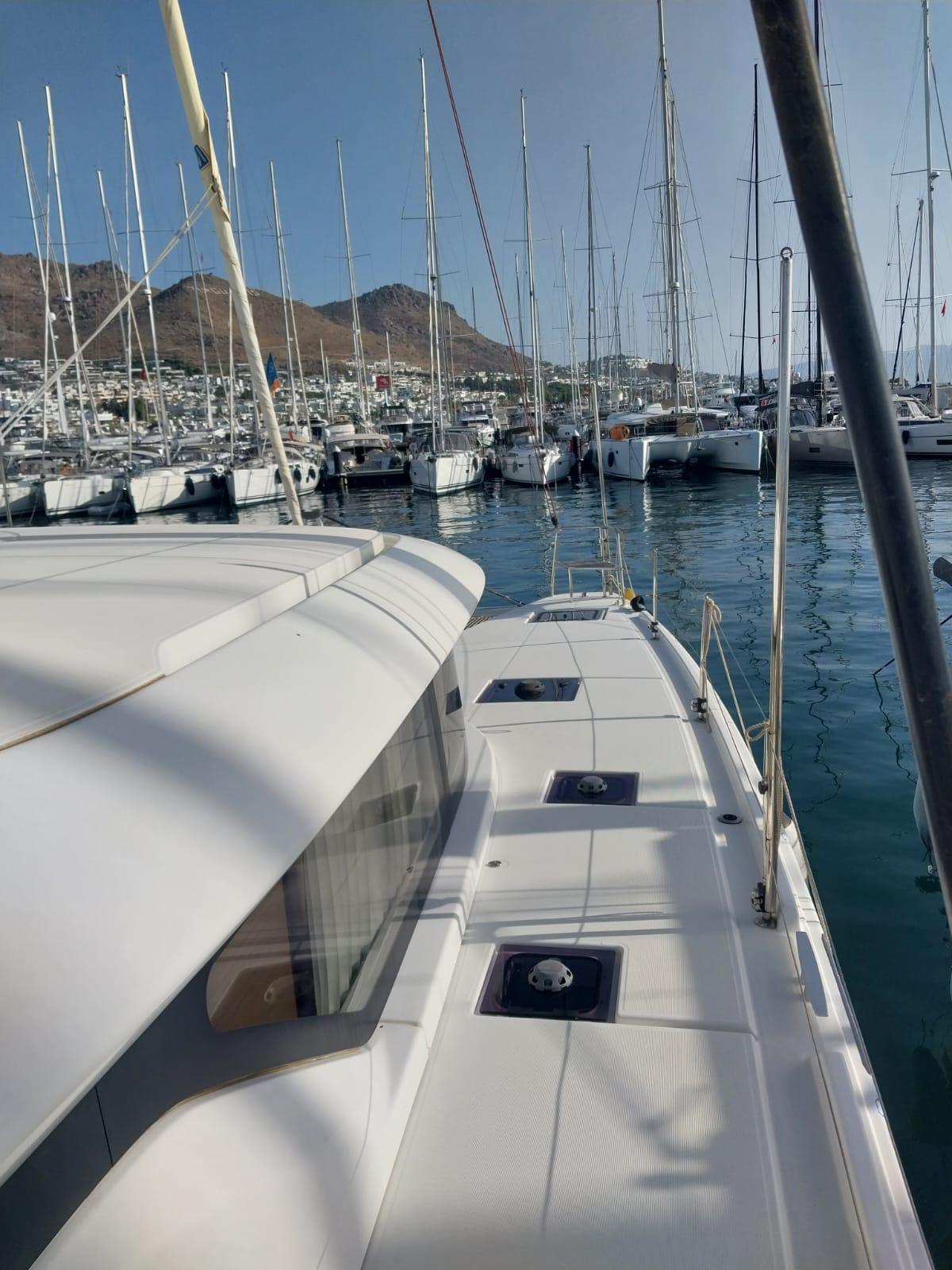 Lagoon 46 catamaran exterior view at marina