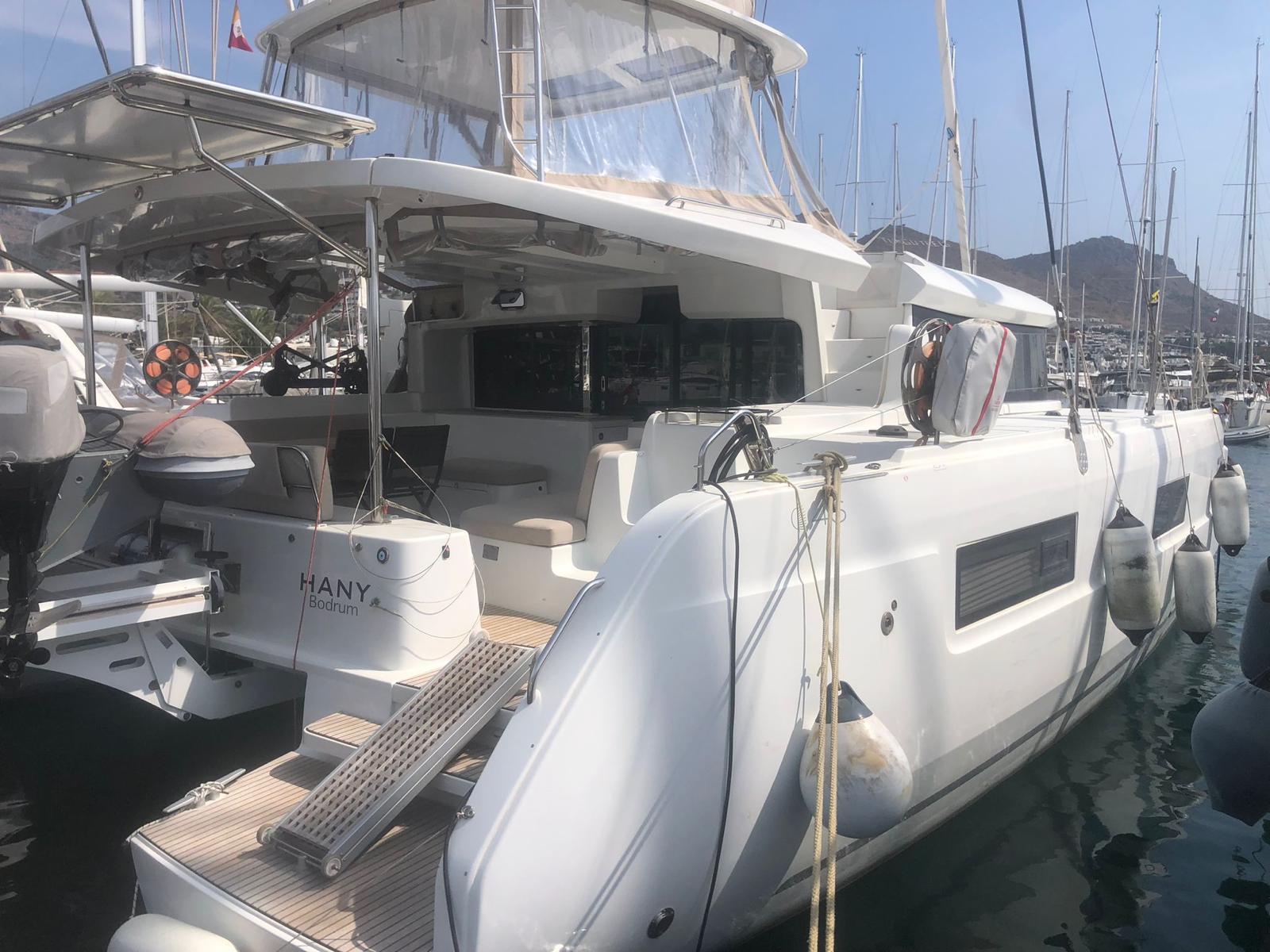 Lagoon 46 catamaran exterior view at marina